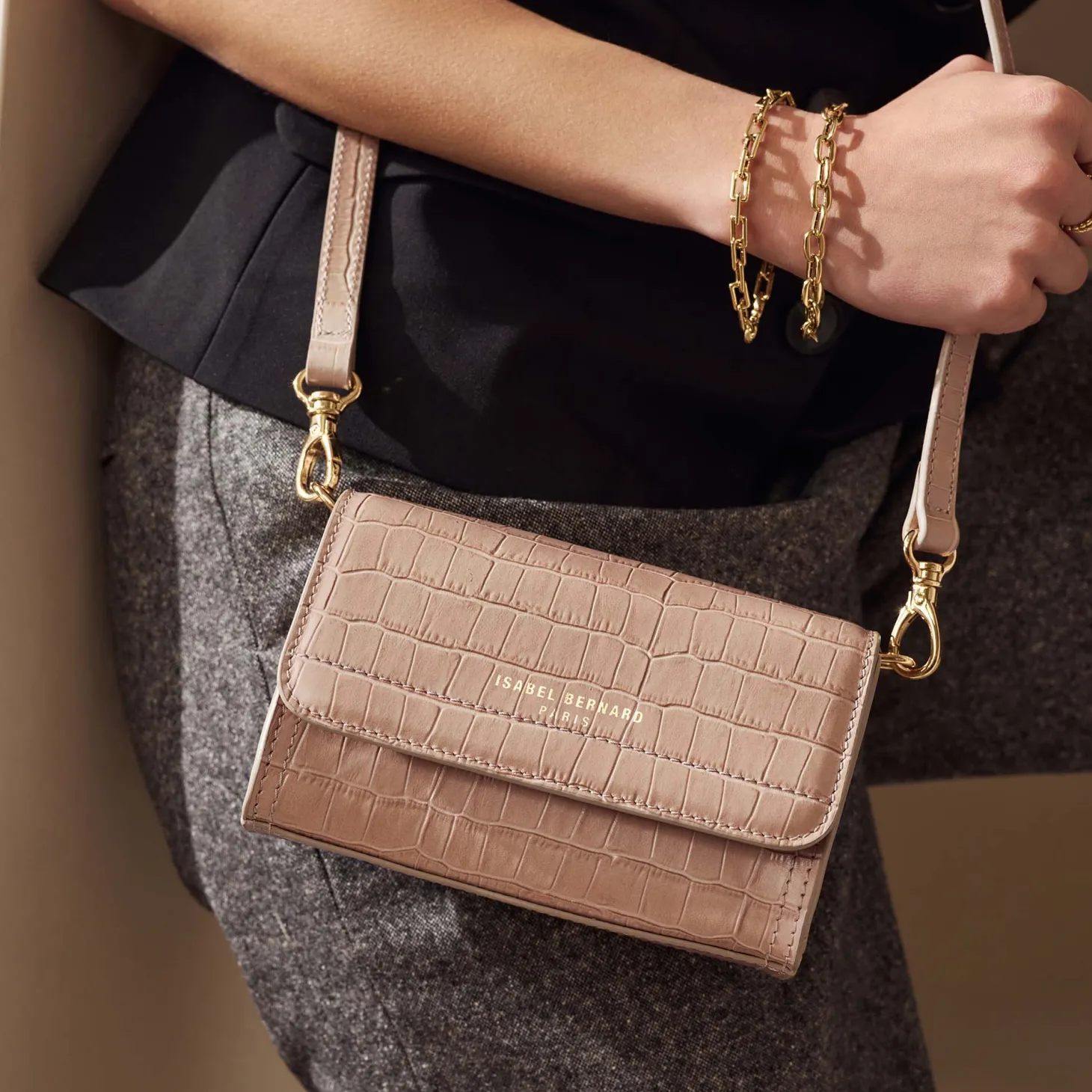 Isabel Bernard Femme Forte Kim croco beige leren crossbody tas van kalfsleer Outlet