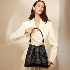 Isabel Bernard Femme Forte Macie croco zwarte leren schoudertas van kalfsleer New
