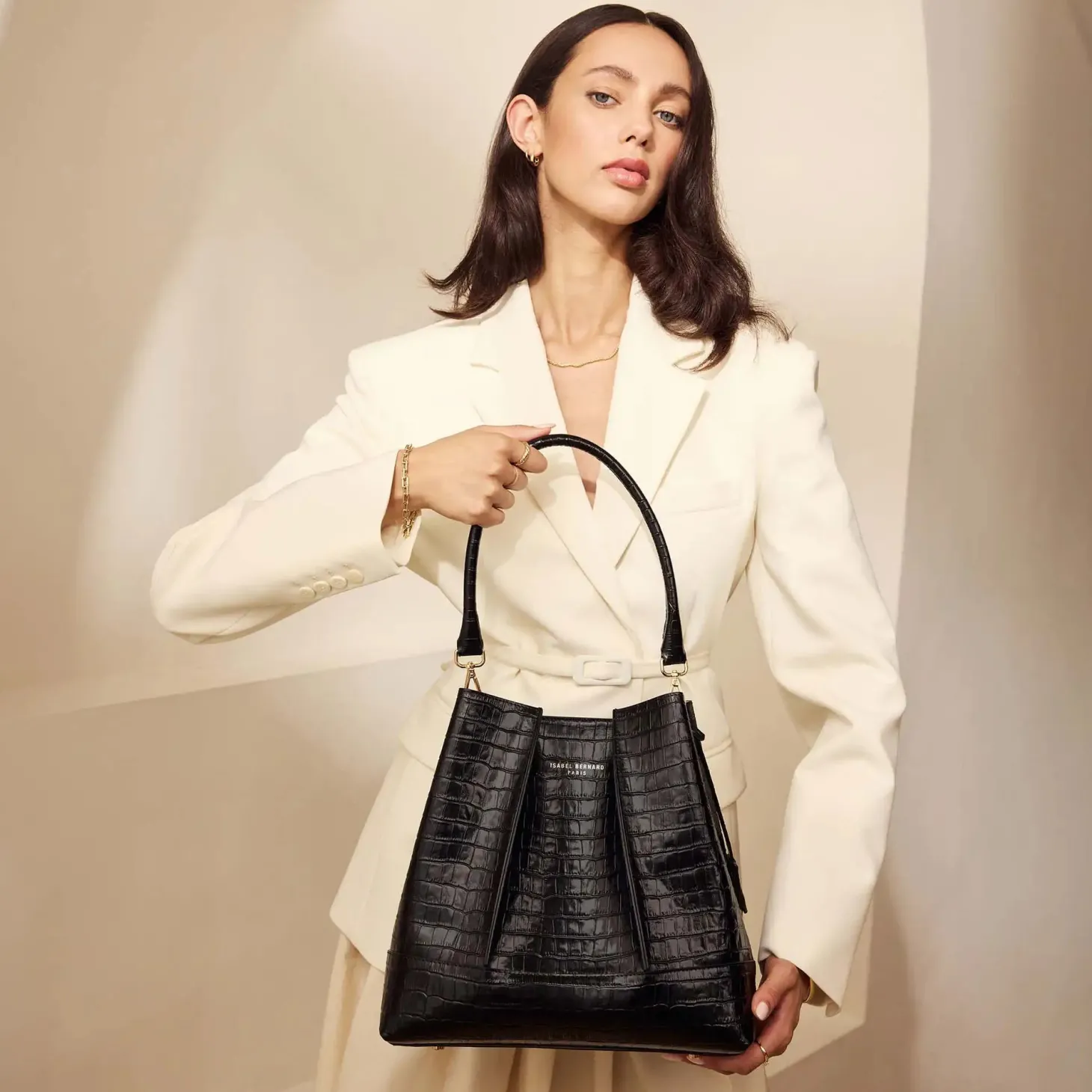 Isabel Bernard Femme Forte Macie croco zwarte leren schoudertas van kalfsleer New