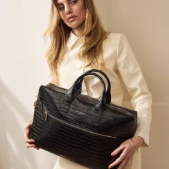 Isabel Bernard Honoré Anique croco zwarte leren handtas van kalfsleer met 16.4 inch laptopvak Best