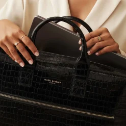 Isabel Bernard Honoré Anique croco zwarte leren handtas van kalfsleer met 16.4 inch laptopvak Best