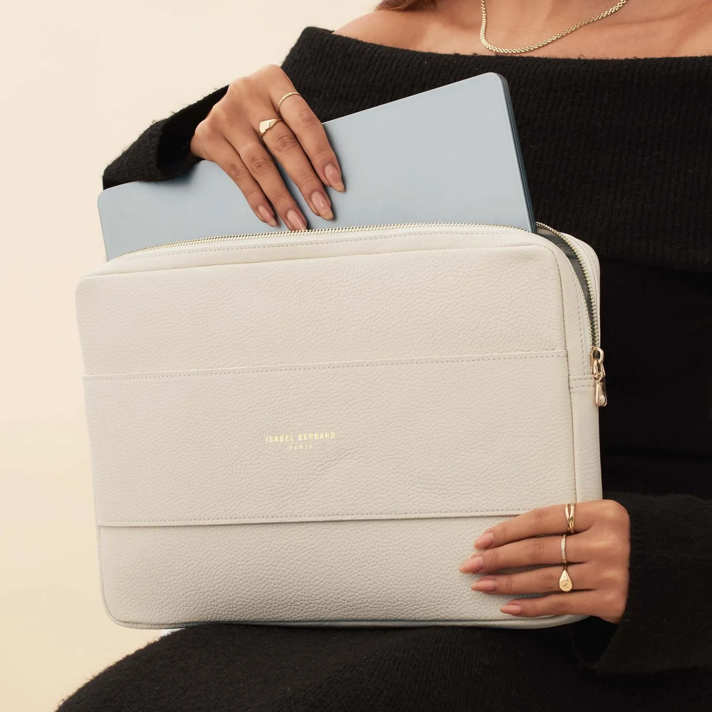 Isabel Bernard Honoré Caress crème leren laptop hoes van kalfsleer Cheap