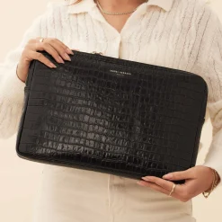 Isabel Bernard Honoré Caress croco zwarte leren laptop hoes van kalfsleer Best
