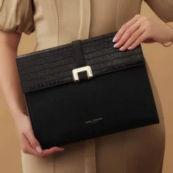 Isabel Bernard Honoré Clara croco zwarte leren laptop hoes van kalfsleer met schouderriem Clearance