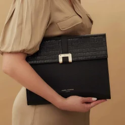 Isabel Bernard Honoré Clara croco zwarte leren laptop hoes van kalfsleer met schouderriem Clearance