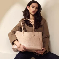Isabel Bernard Honoré Cloe Midi croco beige leren handtas van kalfsleer Shop