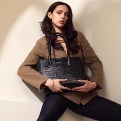 Isabel Bernard Honoré Cloe Midi croco zwarte leren handtas van kalfsleer Sale
