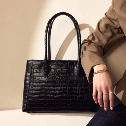 Isabel Bernard Honoré Cloe Midi croco zwarte leren handtas van kalfsleer Sale