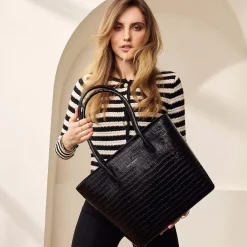 Isabel Bernard Honoré Lysanne croco zwarte leren shopper van kalfsleer Best