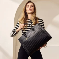 Isabel Bernard Honoré Nadine croco zwarte leren handtas van kalfsleer met laptopvak Fashion