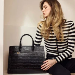 Isabel Bernard Honoré Nadine croco zwarte leren handtas van kalfsleer met laptopvak Fashion